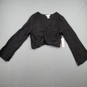Kirious Blouse Womens M Black Jacquard V Neck Crop Bell Sleeve Dressy Top NWT